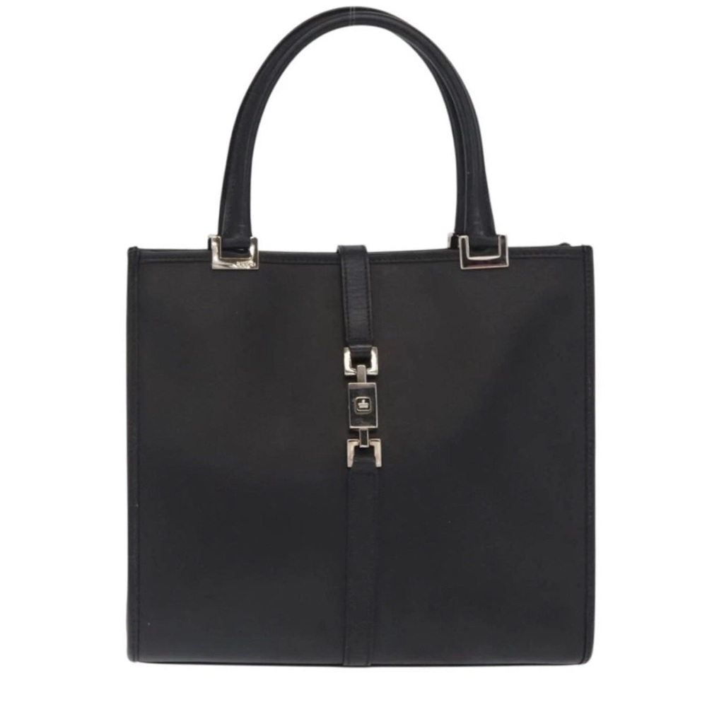 GUCCI Jackie Clasp Black Leather Rolled Handles Tall Black Nylon Tote Bag MINT